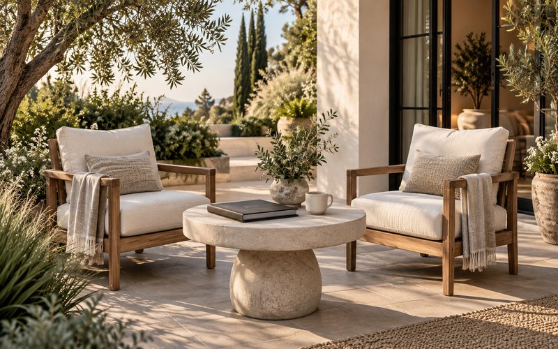 Patio with two lounge chairs and a stone coffee table
