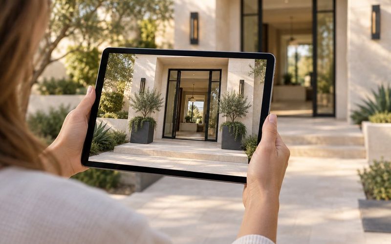 Homeowner viewing a new front entry design on a tablet