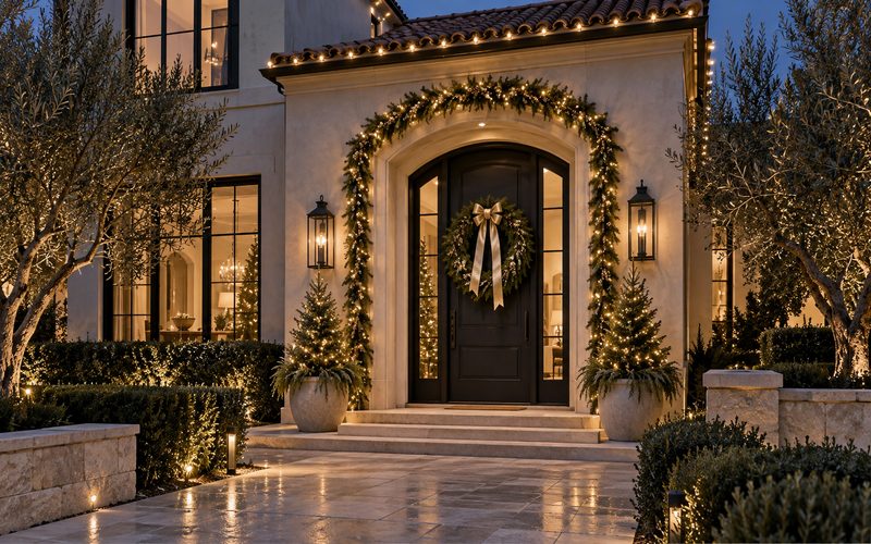 Front entry with holiday garland, wreath and lit trees