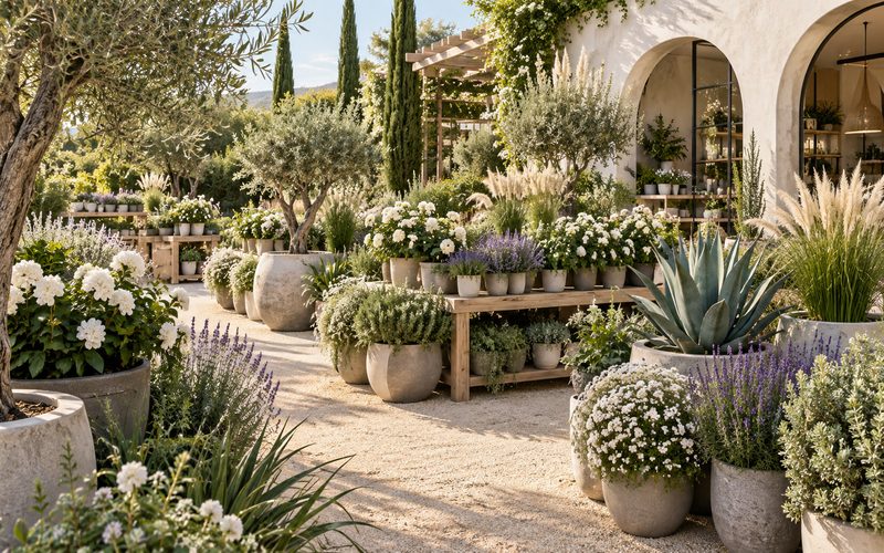 Garden shop with olive trees, lavender and flowering plants in stone planters