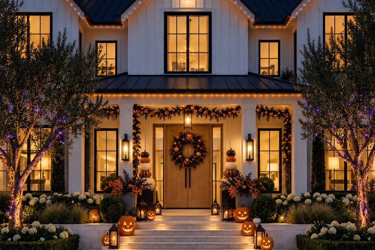 Front of a home decorated for Halloween with jack-o-lanterns, pumpkin towers and orange lights